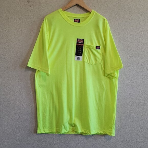 NEW Wrangler Workwear Neon Yellow Florescent Short Sleeve Pocket Tee T Shirt XLT - Picture 2 of 9